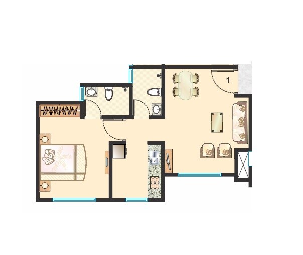 Floor plan of 1 BHK 405 Sq. Ft. Apartment in Raunak Heights, Thane
