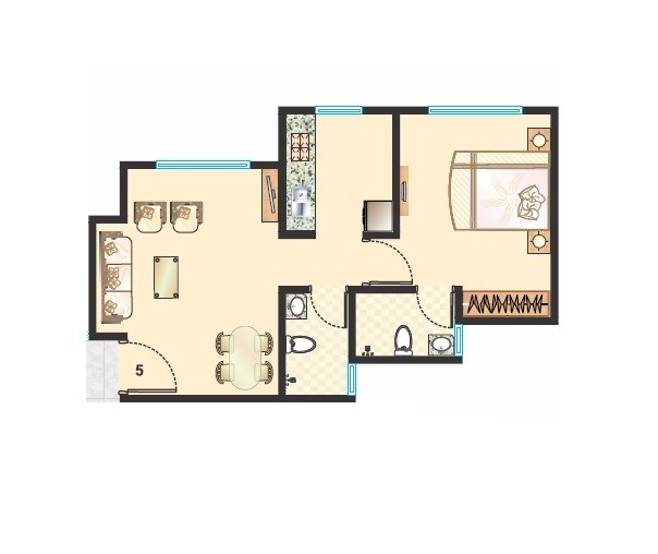 Floor plan of 1 BHK 409 Sq. Ft. Apartment in Raunak Heights, Thane