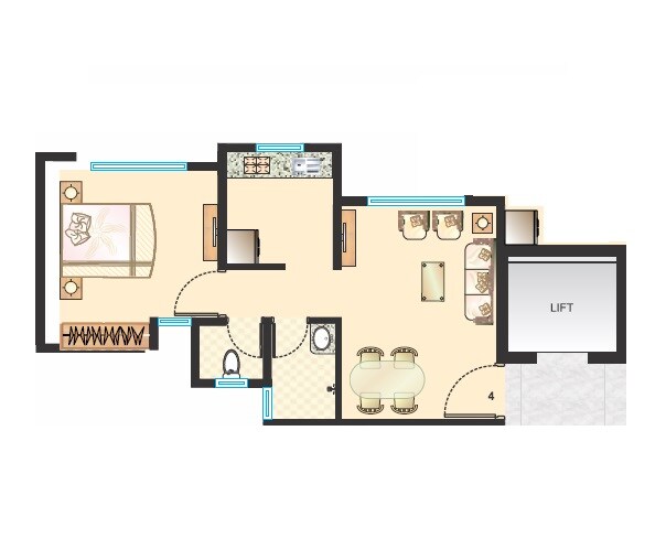 Floor plan of 2 BHK 410 Sq. Ft. Apartment in Raunak Heights, Thane