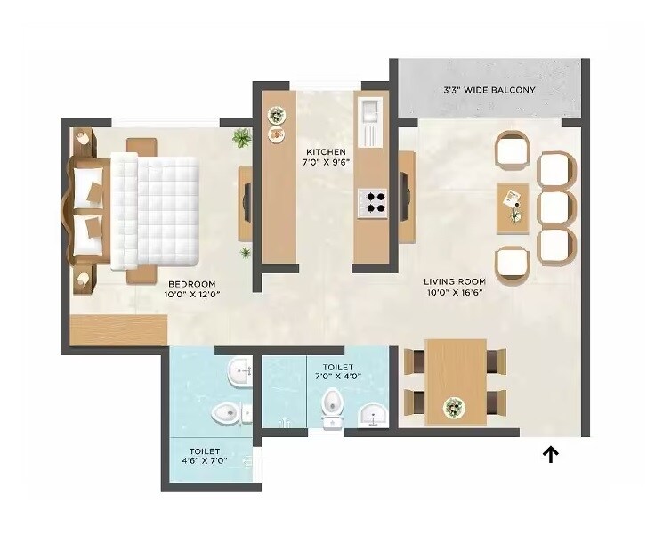 Floor plan of 1 BHK 498 Sq. Ft. Apartment in Raunak Imperial, Thane