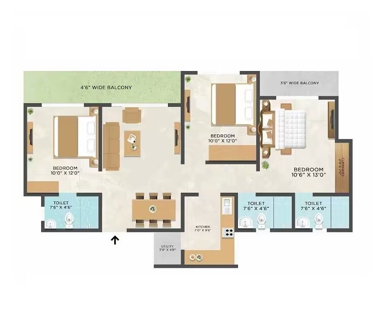 Floor plan of 3 BHK 987 Sq. Ft. Apartment in Raunak Imperial, Thane