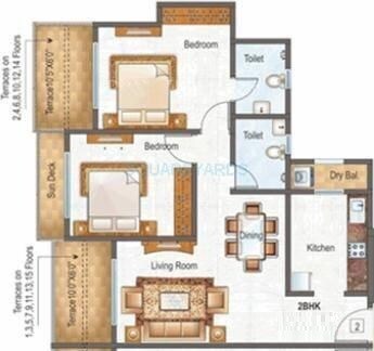 Floor plan of 2 BHK 980 Sq. Ft. Apartment in Raunak Paradise, Thane