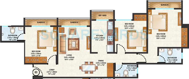 Floor plan of 3 BHK 1327 Sq. Ft. Apartment in Raunak Park View, Thane