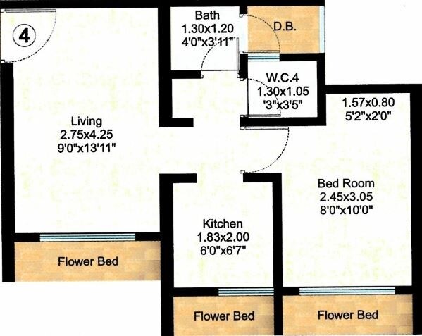 Floor plan of 1 BHK 344 Sq. Ft. Apartment in Raunak Residency Thane, Thane