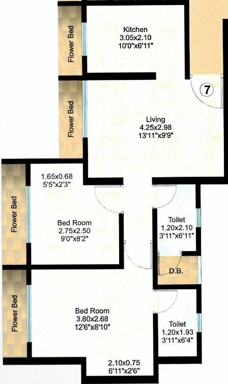 Floor plan of 2 BHK 532 Sq. Ft. Apartment in Raunak Residency Thane, Thane