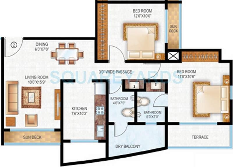 Floor plan of 2 BHK 1060 Sq. Ft. Apartment in Raunak Tulip, Thane