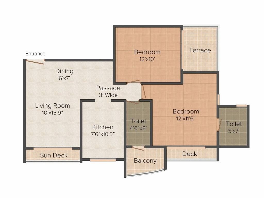 Floor plan of 2 BHK 1150 Sq. Ft. Apartment in Raunak Tulip, Thane