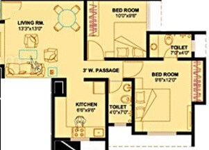 Floor plan of 2 BHK 735 Sq. Ft. Apartment in Raunak Unnathi Greens, Thane