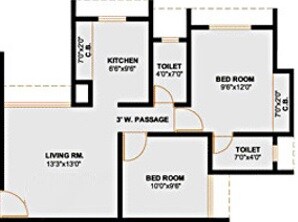 Floor plan of 2 BHK 801 Sq. Ft. Apartment in Raunak Unnathi Greens, Thane