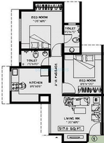 Floor plan of 2 BHK 687 Sq. Ft. Apartment in Raunak Unnathi Greens, Thane