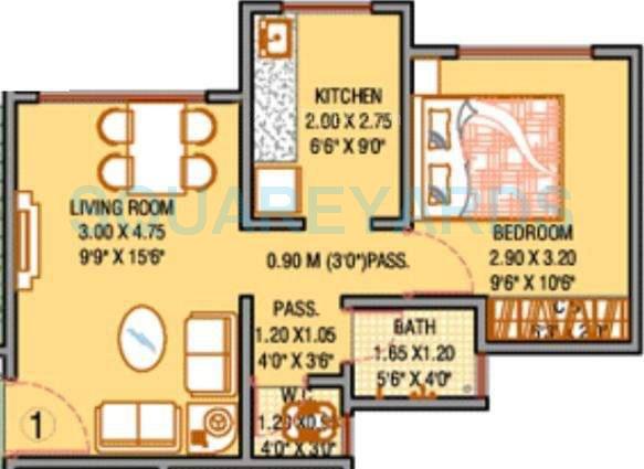 Floor plan of 1 BHK 366 Sq. Ft. Apartment in Raunak Unnathi Woods, Thane