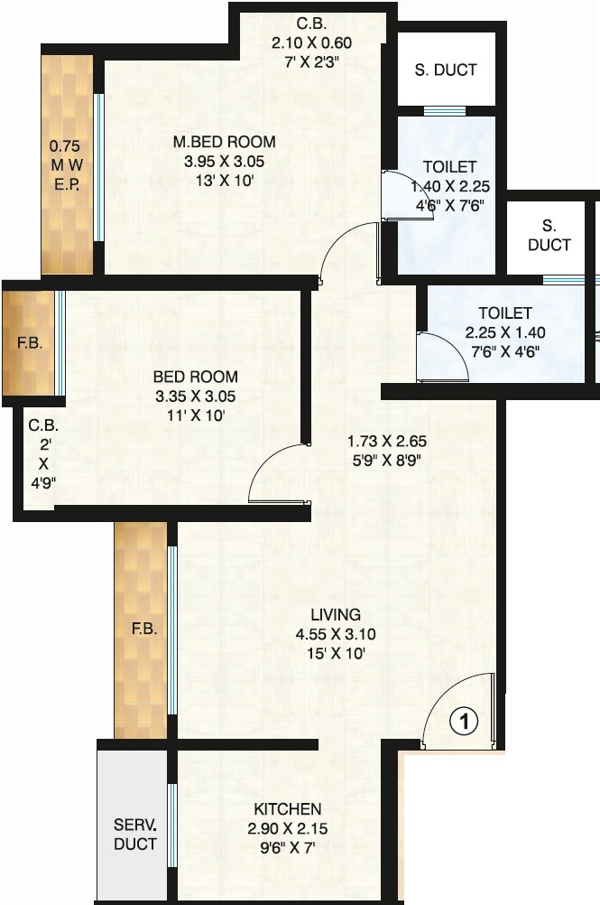 Floor plan of 2 BHK 570 Sq. Ft. Apartment in Raunak Unnathi Woods, Thane