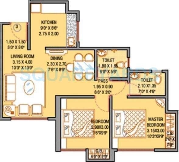 Floor plan of 2 BHK 622 Sq. Ft. Apartment in Raunak Unnathi Woods Phase 3, Thane