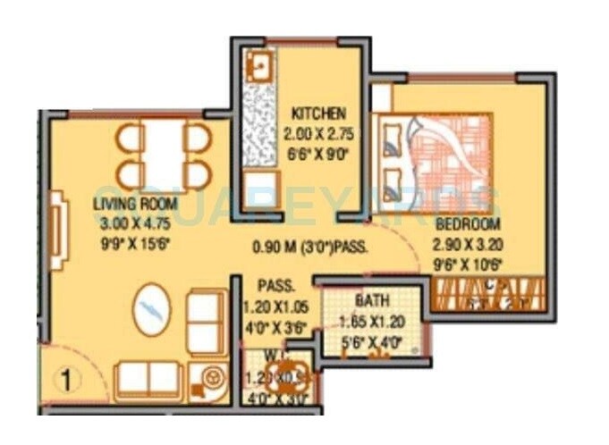 Floor plan of 1 BHK 422 Sq. Ft. Apartment in Raunak Unnathi Woods Phase 6, Thane