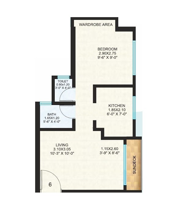 Floor plan of 1 BHK 416 Sq. Ft. Apartment in Raunak Unnathi Woods Phase 7 A And B, Thane