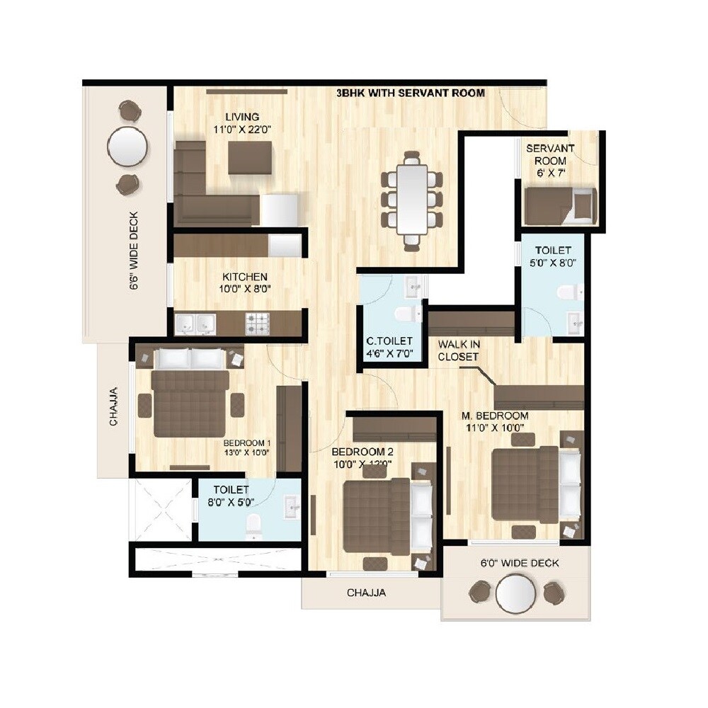Floor plan of 3 BHK 1059 Sq. Ft. Apartment in Raunak White House, Thane