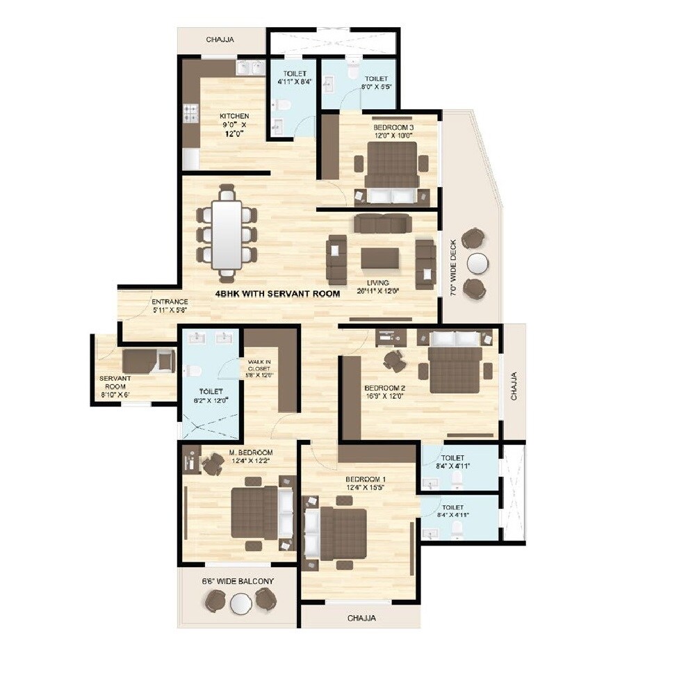 Floor plan of 4 BHK 1700 Sq. Ft. Apartment in Raunak White House, Thane