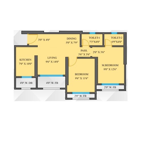 Floor plan of 2 BHK 676 Sq. Ft. Apartment in Ravi Group Gaurav Saffron, Thane