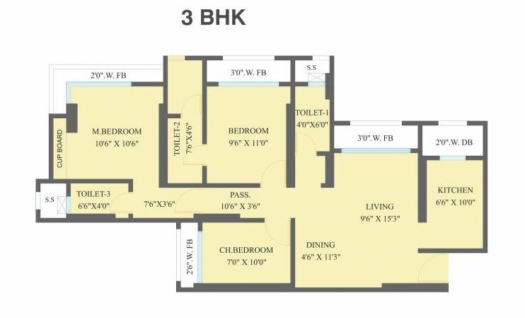 Floor plan of 3 BHK 932 Sq. Ft. Apartment in Ravi Group Gaurav Saffron, Thane