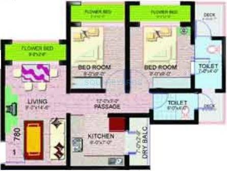 Floor plan of 2 BHK 850 Sq. Ft. Apartment in Ravi Group Gaurav Valley, Thane