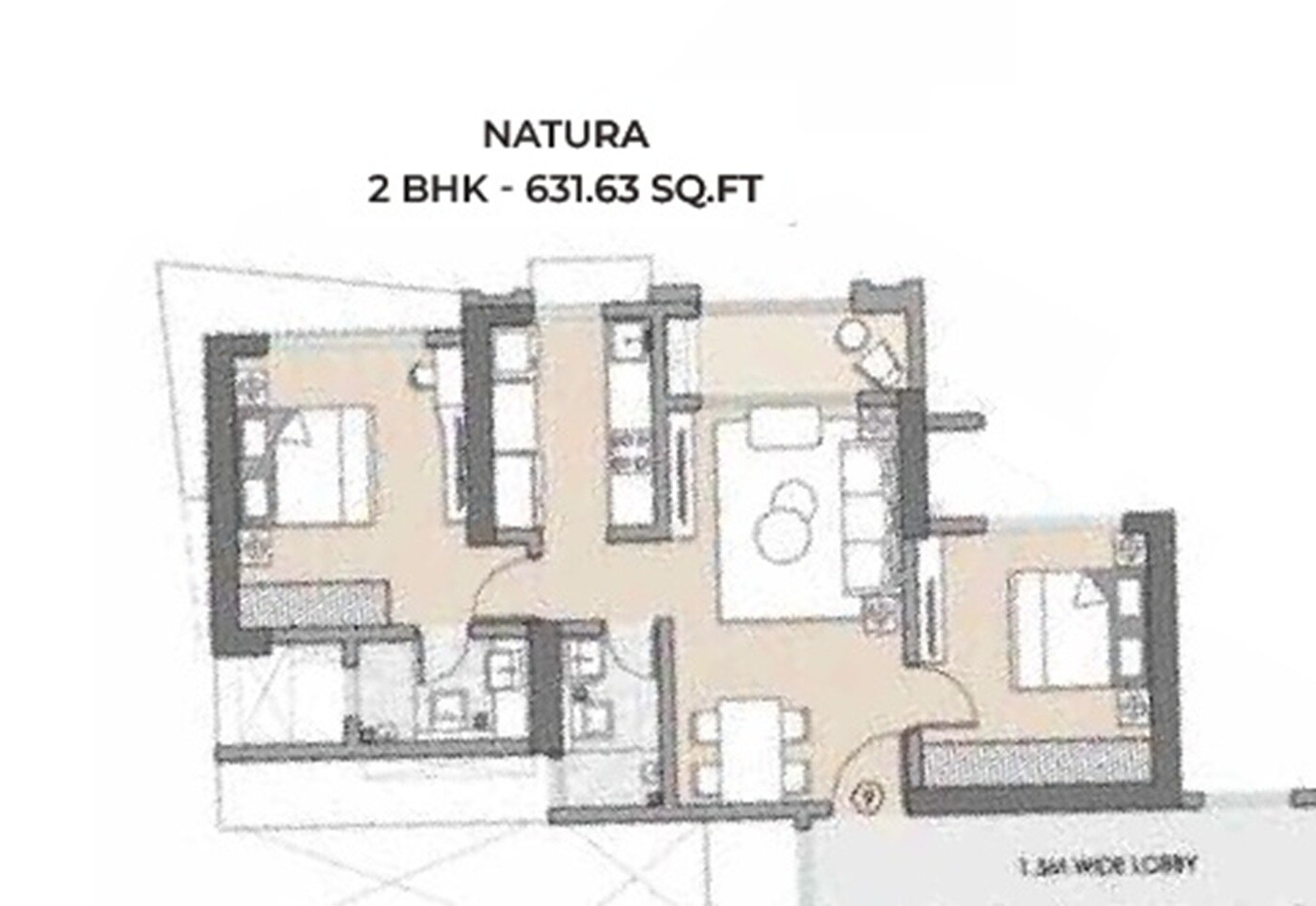 Floor plan of 2 BHK 631 Sq. Ft. Apartment in Raymond Ten X District 9, Thane