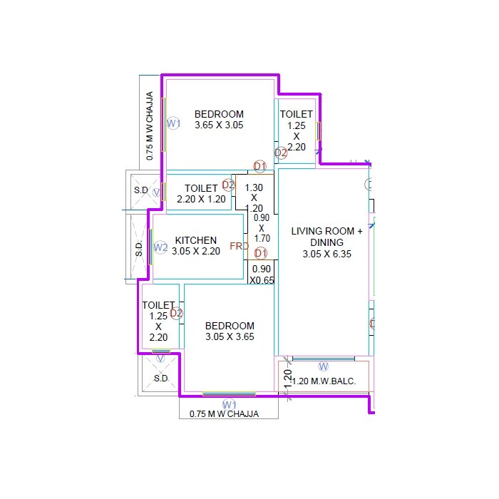 Floor plan of 2 BHK 708 Sq. Ft. Apartment in Real Solanki CHS, Thane