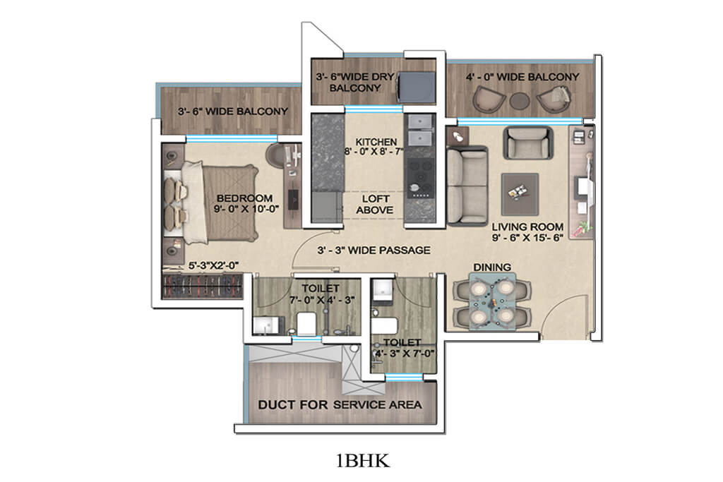 Floor plan of 1 BHK 431 Sq. Ft. Apartment in Regency Anantam, Thane