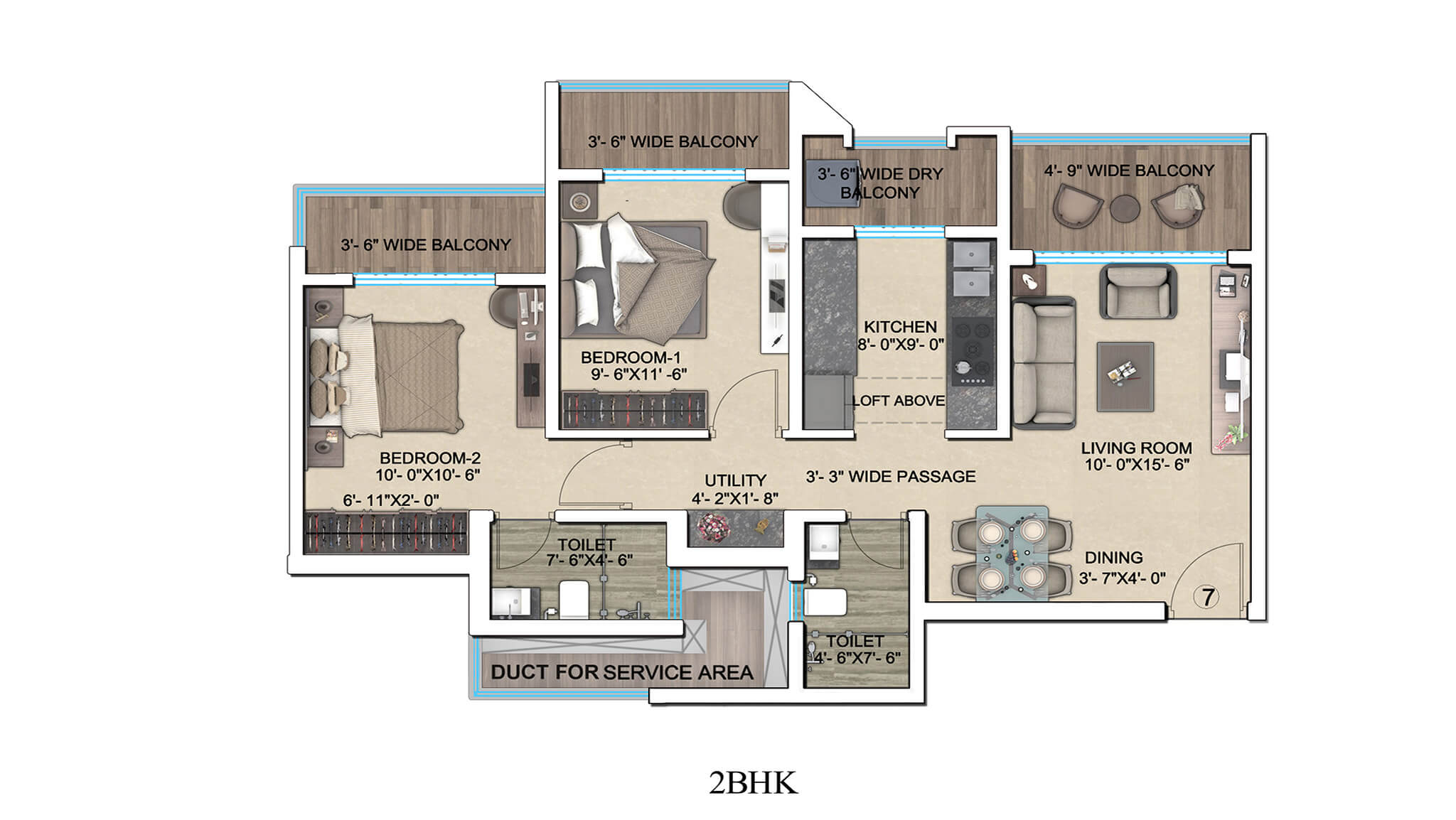Floor plan of 2 BHK 640 Sq. Ft. Apartment in Regency Anantam, Thane