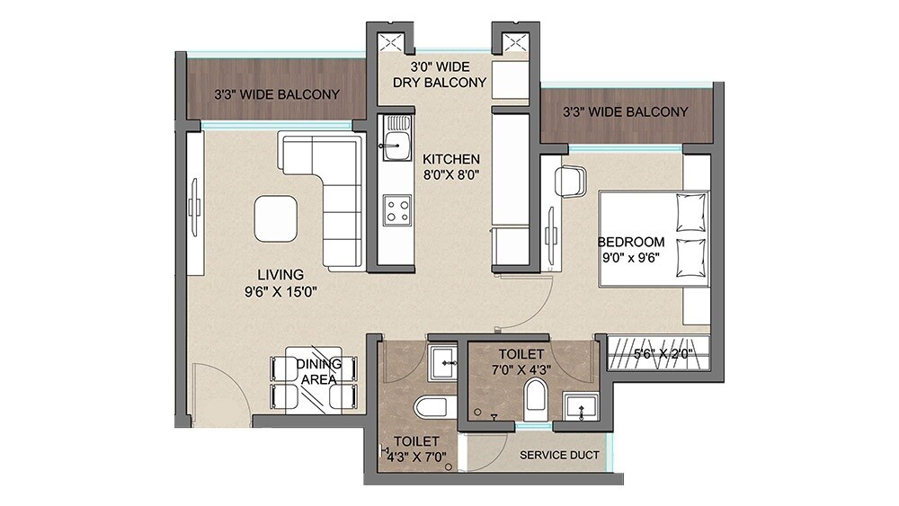 Floor plan of 1 BHK 415 Sq. Ft. Apartment in Regency Anantam Nxt, Thane