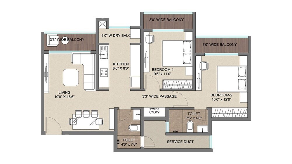 Floor plan of 2 BHK 755 Sq. Ft. Apartment in Regency Anantam Nxt, Thane
