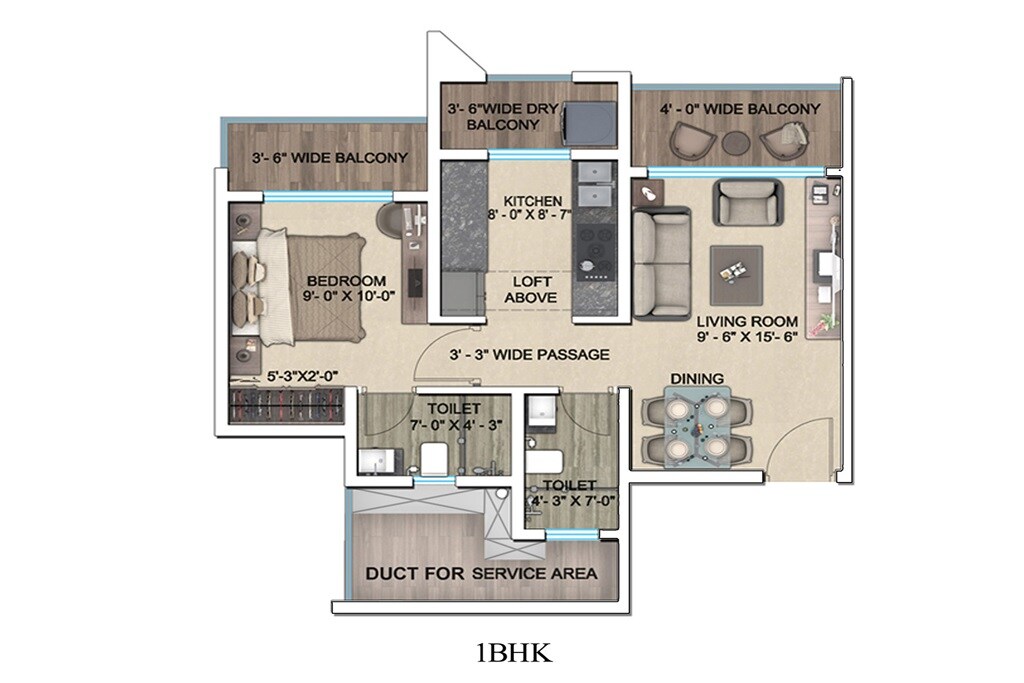 Floor plan of 1 BHK 431 Sq. Ft. Apartment in Regency Anantam Phase 2, Thane