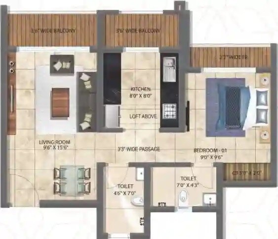 Floor plan of 1 BHK 518 Sq. Ft. Apartment in Regency Antilia, Thane