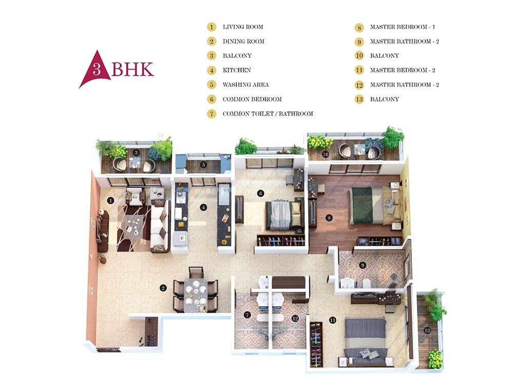 Floor plan of 3 BHK 885 Sq. Ft. Apartment in Regency Antilia Phase V Avana, Thane