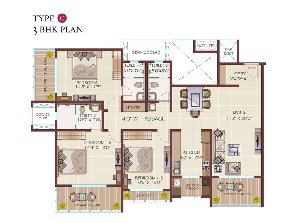 Floor plan of 3 BHK 886 Sq. Ft. Apartment in Regency Antilia Phase V Avana, Thane