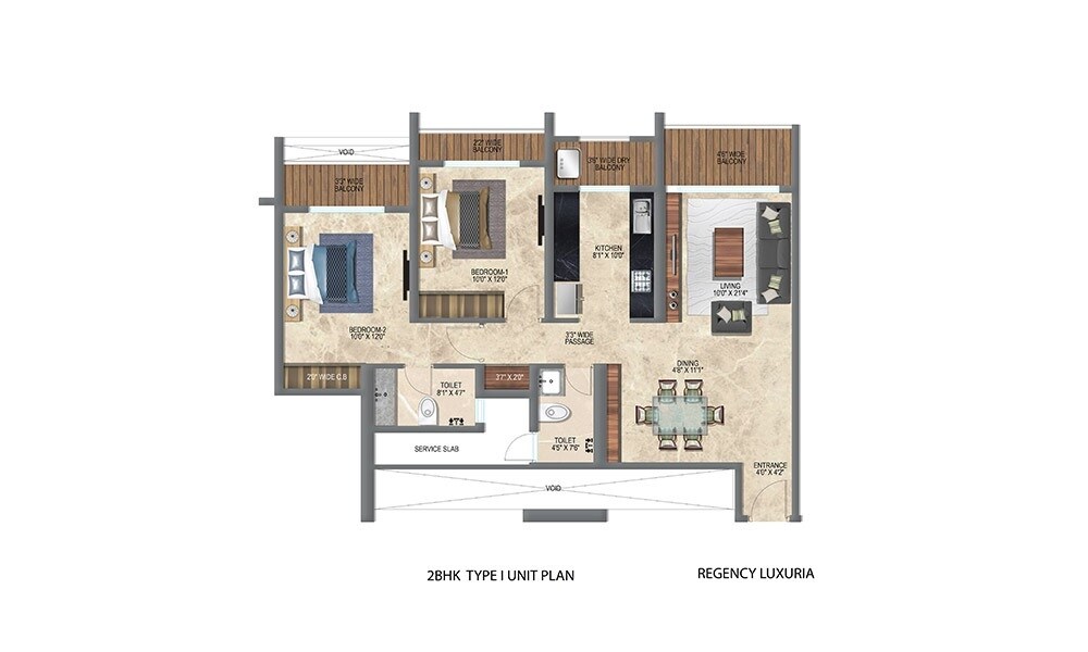 Floor plan of 2 BHK 933 Sq. Ft. Apartment in Regency Luxuria, Thane