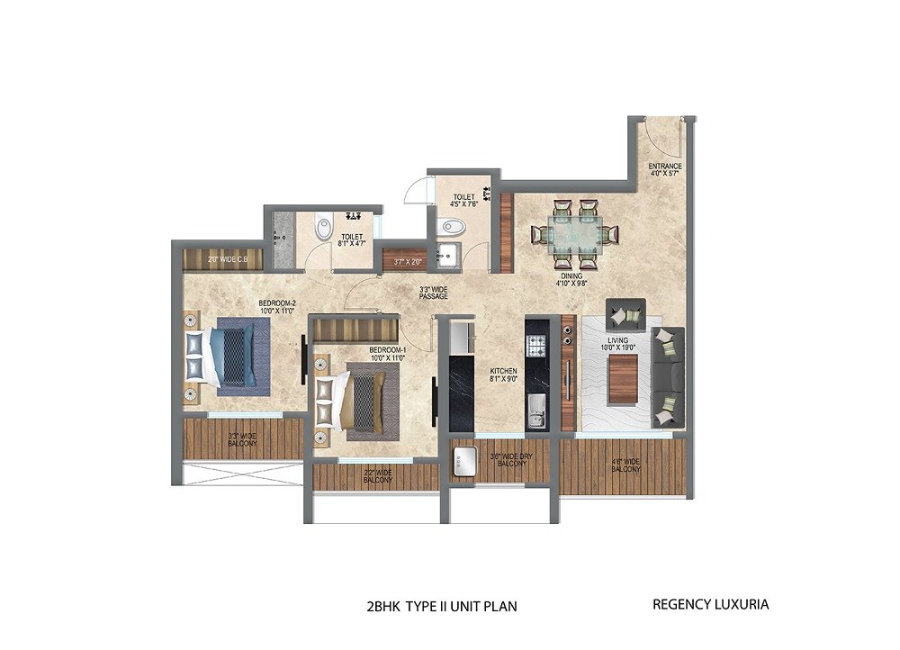 Floor plan of 2 BHK 844 Sq. Ft. Apartment in Regency Luxuria, Thane