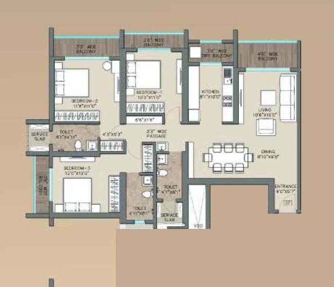 Floor plan of 3 BHK 1247 Sq. Ft. Apartment in Regency Luxuria, Thane