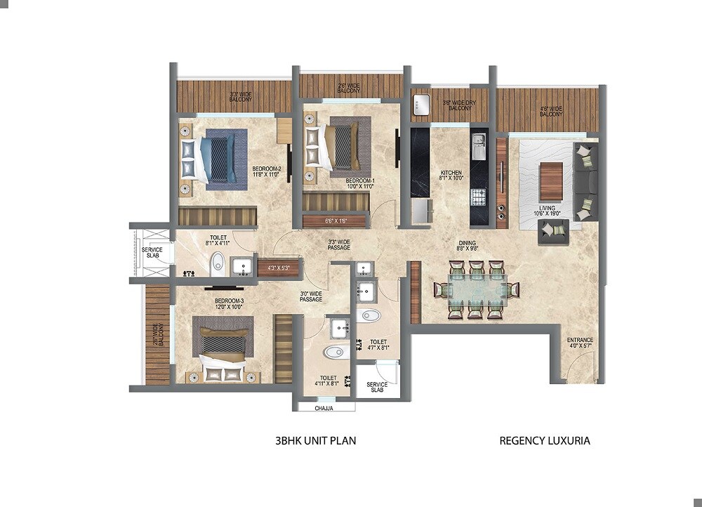 Floor plan of 3 BHK 990 Sq. Ft. Apartment in Regency Luxuria, Thane