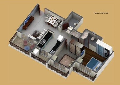 Floor plan of 2 BHK 706 Sq. Ft. Apartment in Regency Sarvam, Thane