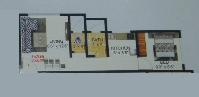 Floor plan of 1 BHK 455 Sq. Ft. Apartment in Riddhi Apartments Kalyan, Thane