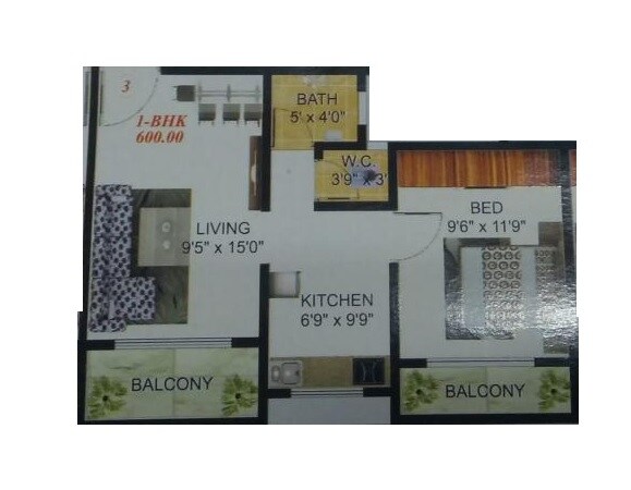 Floor plan of 1 BHK 600 Sq. Ft. Apartment in Riddhi Apartments Kalyan, Thane
