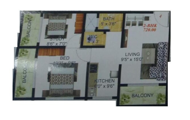 Floor plan of 2 BHK 720 Sq. Ft. Apartment in Riddhi Apartments Kalyan, Thane