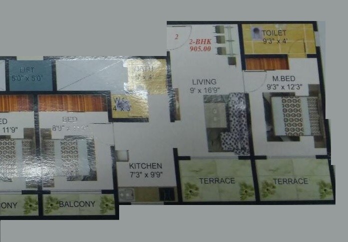 Floor plan of 2 BHK 905 Sq. Ft. Apartment in Riddhi Apartments Kalyan, Thane