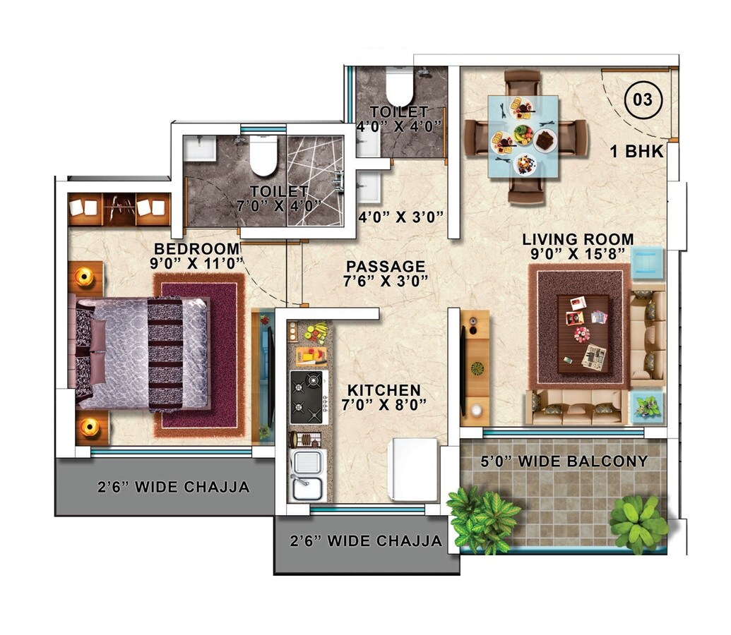 Floor plan of 1 BHK 491 Sq. Ft. Apartment in Riddhi Siddhi Gajanan Superbia, Thane
