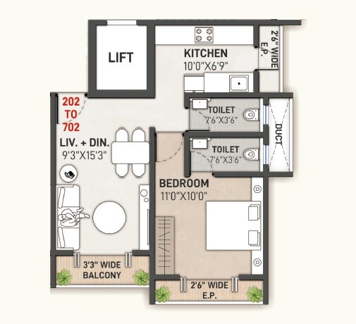 Floor plan of 1 BHK 470 Sq. Ft. Apartment in Riddhi Siddhi Rajyog, Thane
