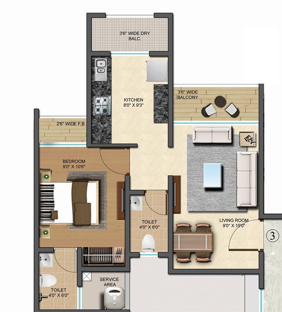 Floor plan of 1 BHK 454 Sq. Ft. Apartment in TCJ Vivanta, Thane
