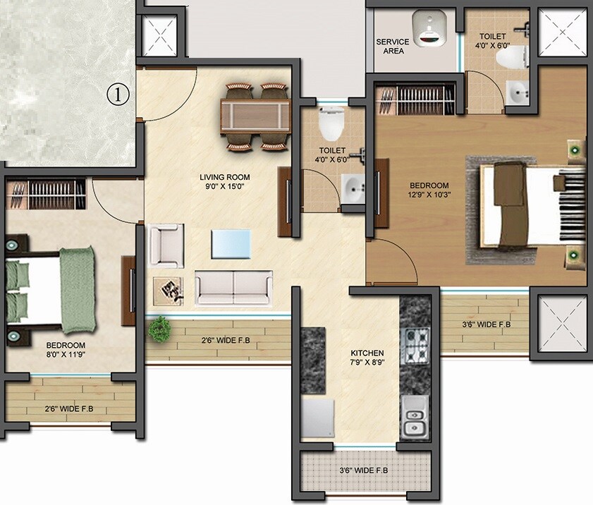 Floor plan of 2 BHK 609 Sq. Ft. Apartment in TCJ Vivanta, Thane