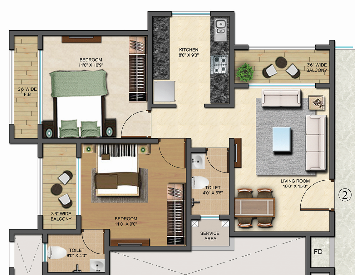 Floor plan of 2 BHK 657 Sq. Ft. Apartment in TCJ Vivanta, Thane