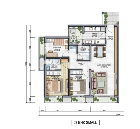 Floor plan of 3 BHK 756 Sq. Ft. Apartment in Risland The Icon, Thane