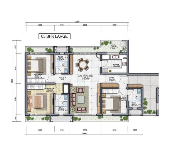 Floor plan of 3 BHK 904 Sq. Ft. Apartment in Risland The Icon Phase 1, Thane